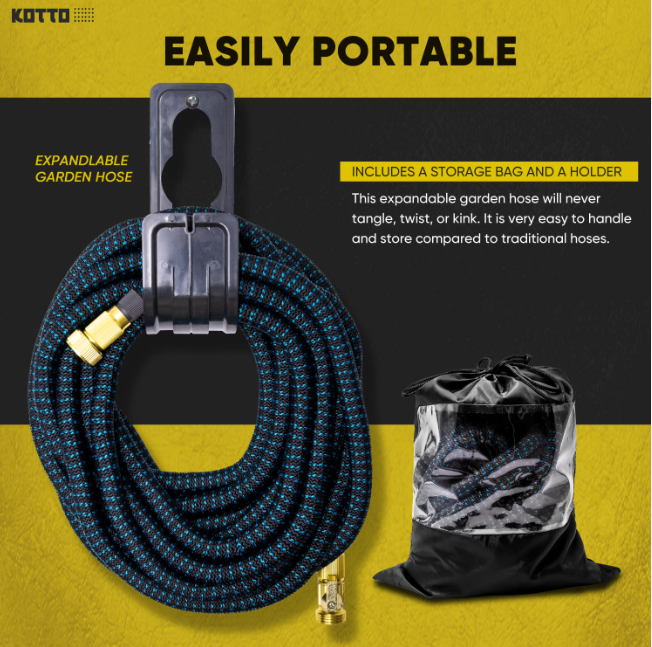 Kotto 100 ft Flexible Garden Hose, Water Hose for Outside with 10 Spray Nozzles, Brass Connector, Leak-Proof, Black