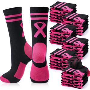 Haysandy 24 Pairs Breast Cancer Awareness Socks Bulk Soft Pink Ribbon Football Socks for Women Softball Volleyball Sport