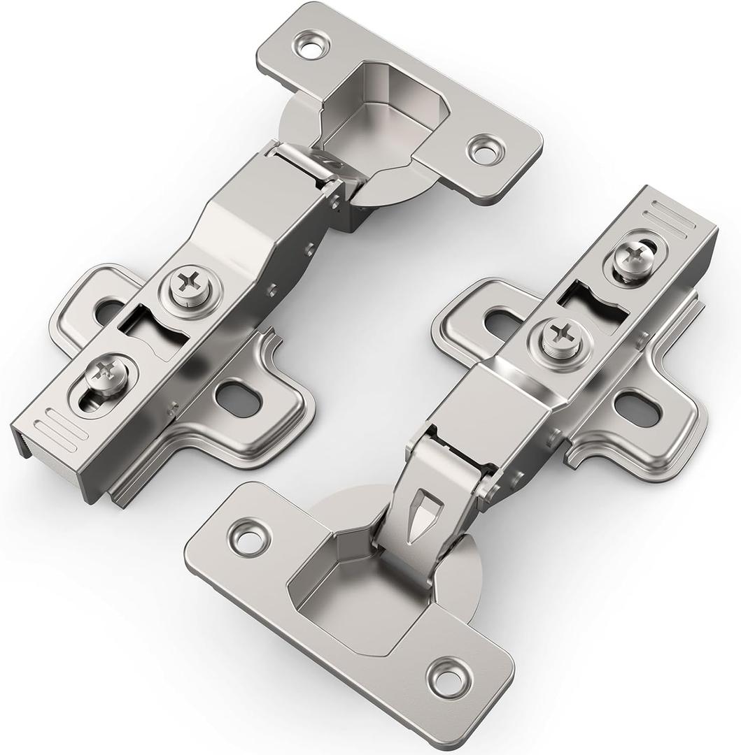 Chibery 50 Pack Half Overlay Soft Close Concealed Frameless Cabinet Hinges, Satin Nickel, 105, Stop at Will 45-105 Degree, Self Closing, 3D Adjustment, Clip On, Stainless Steel for Cupboard Kitchen