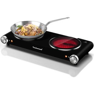 Double Hot Plate, Techwood 1800W Electric Stove for Cooking, Infrared Ceramic Countertop Burner with Dual Adjustable Temperature & Glass Cooktop for Home/RV/Camp, Compatible for All Cookwares, Black