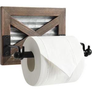 Farmhouse Toilet Paper Holder with Galvanized Metal& Black Metal - Rustic Warm Brown Wood Wall Mount Toilet Roll Holder for Bathroom Decor
