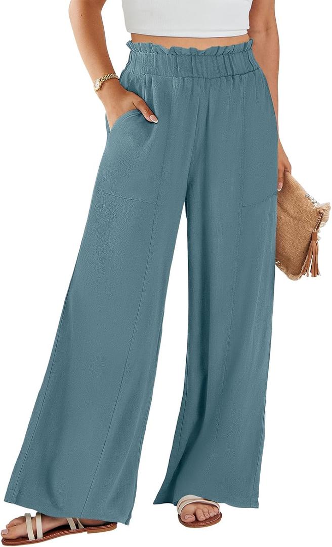ANRABESS Womens Linen Pants 2025 Summer Casual Loose Wide Leg Palazzo Pants High Waist Flowy Beach Trousers Work Outfits Lake, Small