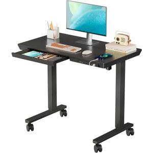 Small Standing Desk with Drawer, 35" x 20" Whole Piece Tabletop Electric Sit Stand Table, Height Adjustable Desk with Storage & USB Ports, Quick Install Home Office Computer Desk, Black