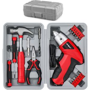 Hi-Spec 19pc 3.6V USB Small Power Screwdriver & Home DIY Tool Kit Set. Cordless & Rechargeable Electric Screwdriver and Compact Hand Tool Box Set,Red