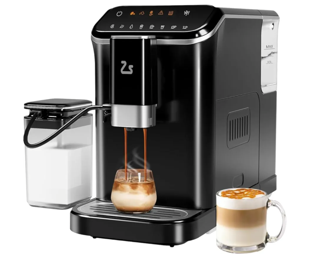 Fully Automatic Espresso Machine, 20 Bar Coffee Machine with Built-in Grinder and Milk Frother, Adjustable Espresso Bean Grinder, One-Touch Screen Coffee Machine with 1.5l Water Tank for Home Office