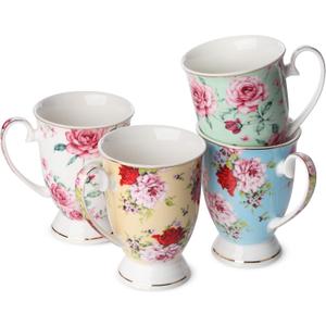 BTaT- Large Coffee Mugs, 12 oz, Set of 4, Floral Mugs for Coffee Cups Set, Porcelain Bone China, Tea Mug,