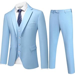 Mens 3-Piece Slim Fit Suit Set - One-Button Tuxedo, Ideal for Weddings and Business, Includes Jacket, Vest, Pants, Tie (Sky Blue) 35 X