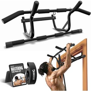 DMoose Fitness Pull Up Bar for Doorway - No Screwing or Slipping, Hanging Pullup & Chin Up Bar for Door Frame - Multi Padded Grips for Strength Training with Installation Guide