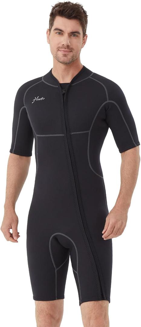 Hevto Men Wetsuit Shorty 2mm Neoprene Short Wet Suit for Surfing Diving Swimming Snorkeling Paddle Boarding (X-Large Short, M2S-Front Zip-Black)