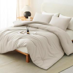 CozyLux Full Size Comforter Set Beige, 3 Pieces Solid Breathable Quilted Bedding Sets, Luxury Lightweight Soft Bed Set with Down Alternative Comforter and 2 Pillowcases for All Seasons