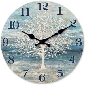 XFM Blue Wooden Wall Clock 10 Inch Silent Wall Clocks Battery Operated Framhouse Tree of Life Country Clock Decorative for Kitchen Living Room Bedroom Office