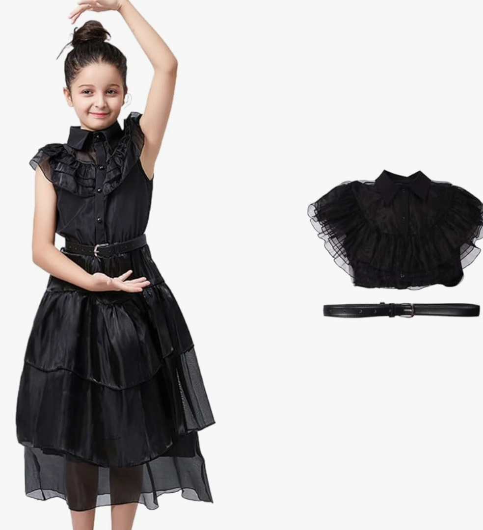 Wednesday Addams Dress Halloween Women Black Gothic Tulle Lace Costume Girls Wednesday Outfit with Belt Cosplay Party, Size 110