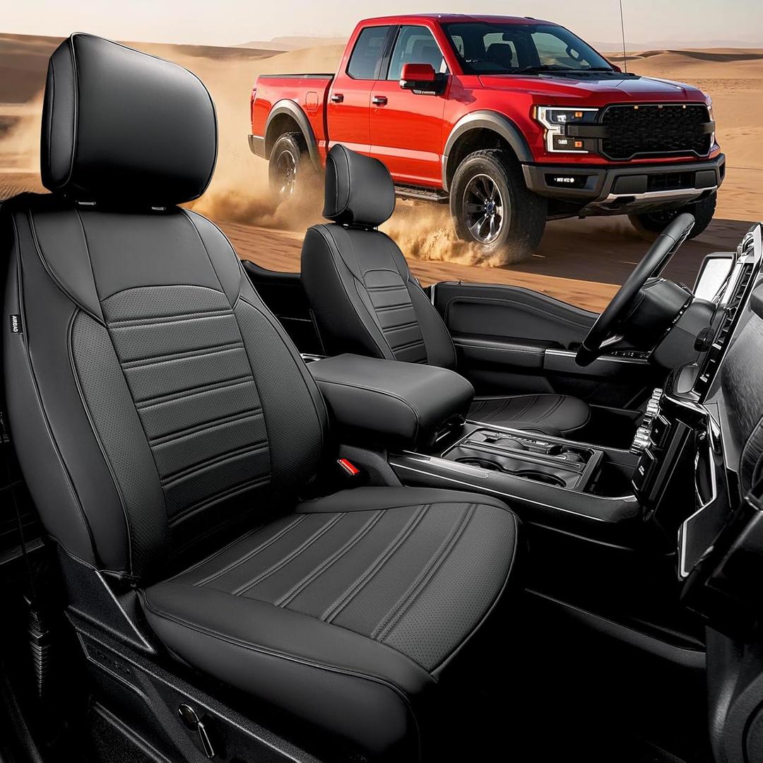 Super Cover for Ford F150 Seat Covers 2015-2025, Full Covered Leather Seat Protectors Truck Pickup Waterproof for F-150 2024 2023 2022 2021 Accessories, Only Fit 1st Row Bucket Seat SuperCrew (XL,XLT) (Black)