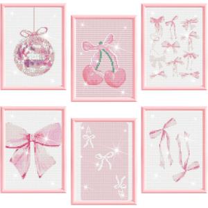 Chunful 6 Pcs Pink Bow Diamond Painting Kits, DIY Painting for Adults Diamond Crafts Aesthetic Room Decor Cute Coquette Bow Pictures 5d Craft Wall Decor for Home, 10 x 11.8''