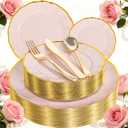ejonirinjonir EI 150pcs Pink Plastic Plates with Gold Plastic Silverware,Pink Party Plates,Heavy Duty Plate Disposable,Gold Dinnerware Set for Birthday, Afternoon Tea,Wedding,Valentine's Day