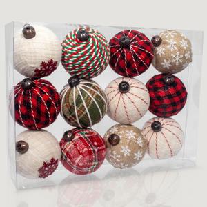 12PCS Burlap Christmas Ornaments, Rustic Jute Wrapped Balls 3.15", Snowflake Embroidered & Plaid Pattern Farmhouse Ornaments for Christmas Tree