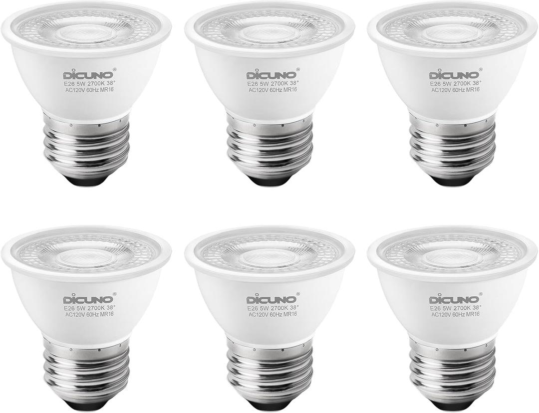 DiCUNO PAR16 LED Bulb Dimmable, 5W Short Neck Spotlight Bulb, 550Lumen, 38 Beam Angle, Warm White 2700K, 50W Equivalent E26 LED for Recessed Light, Curio Cabinet, Pack of 6 (Warm White 2700k)