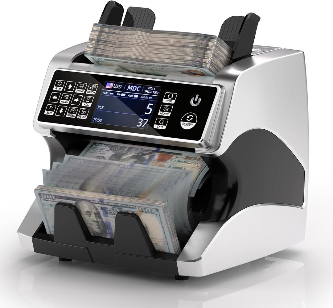 MUNBYN IMC01 Bank Grade Money Counter Machine Mixed Denomination, 2CIS/UV/IR/MG/MT Counterfeit Detection, Serial Number, MUL Currency Cash Counter, Printer Compatible (Silver)