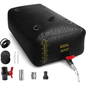 240L/ 63 Gal Water Bladder with Water Level Indicator, PVC Foldable and Portable Water Tank with 3 Connectors and Overflow Kit, Ideal for RV, Camping, Rainwater Collecting, Planting Watering