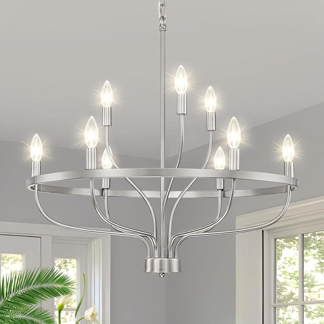 9-Light Brushed Nickel Chandelier, Candle Chandeliers for Dining Room, Vintage Farmhouse Chandelier Light Fixture for Entryway, Bedroom, Foyer and Living Room