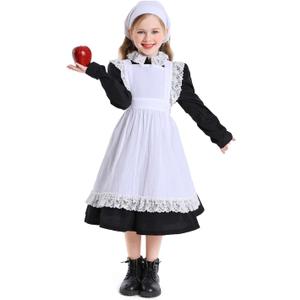 Kids Colonial Costume Set Pioneer Prairie Dress Girls Pilgrim Costume Including White Aprons and Pioneer Bonnet (Medium)