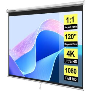 VIVOHOME 120 Inch 1:1 Pull Down Projector Screen, HD 4K Retractable Movie Screen for Indoor Home Theater and Office, Manual Projection Screen with Auto Locking (84Wx84H Inch Display Area) (White)