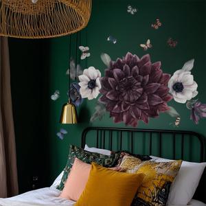 Fabric Peel and Stick Floral Wall Decal, Self-Adhesive Peony Flowers Wallpaper, Black Rose Sticker for Living Room Bedroom Wall Decor, Eden Peony