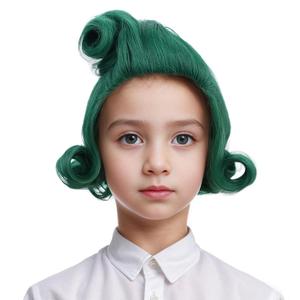 Kids Grass Green Wig Short Dark Green Wavy Curly Wig for Child Heat Resistant Synthetic Wigs with Wigs Cap