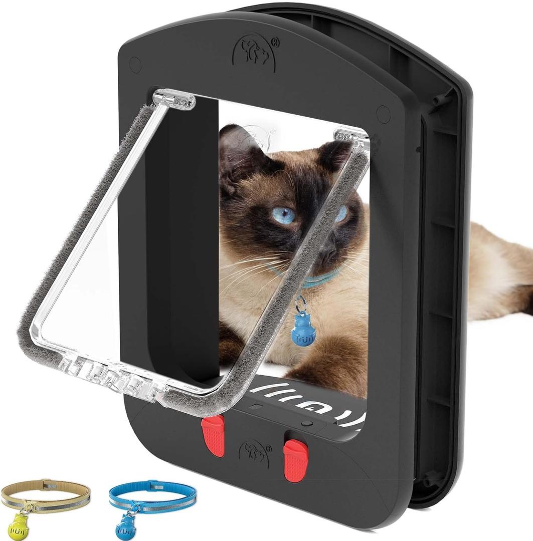 [ALUMANI] Cat Door for Interior Door and Exterior Door, 4 Way Locking Cat Door with Magnetic Flap, Collar Activated Cat Door, 2pcs of Cat Magnetic Collars, Black