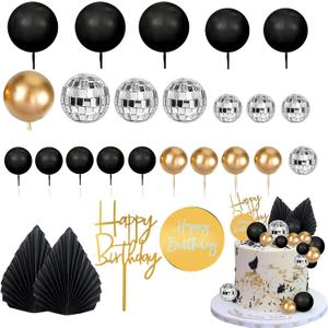 MEMOVAN 25pcs Man Cake Topper Disco Ball Cake Topper Black & Gold Balls Palm Leaves Black Gold Boho Cake Decorations for Man Boy Bohemian Black Theme Wedding Baby Shower Birthday Party