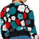 Angsuttc Women's Cropped Floral Bomber Jacket Puff Sleeves Lightweight Fleece Shacket Button Down Varsity Coat Outwear (Black&blue)