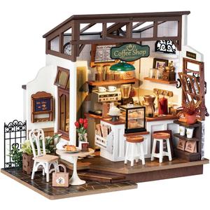 Rowood Coffee Miniature House Kit, DIY Miniature Dollhouse Kits Gifts for Adults to Build, Wooden Adults Crafts, Mini Model Kits with LED, Birthday for Adult (NO.17 Cafe)
