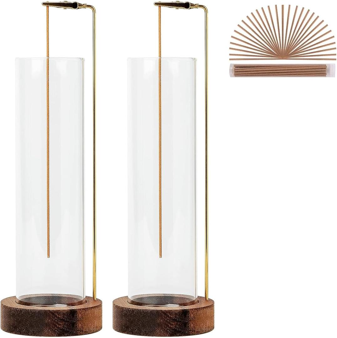 Incense Holder for Sticks, Anti-Ash Flying Incense Burner with 30 Incense Sticks, Detachable Glass Ash Catcher (Wood, Brown-2Pcs)