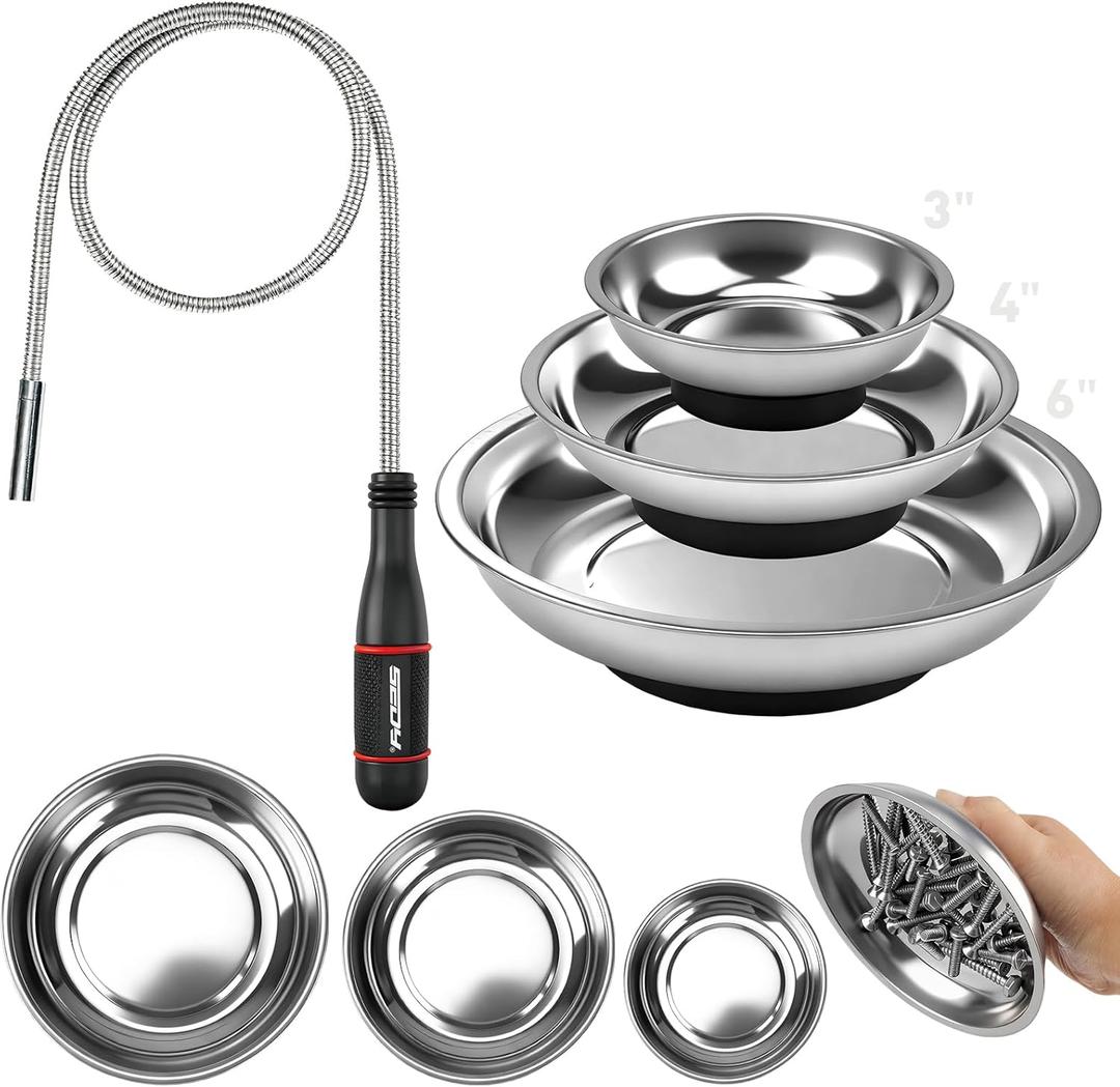 4 Pack Telescoping Magnetic Pickup Tool with 3in 4in 6in Magnetic Parts Trays, Magnet Flexible Spring Stick, Magnet Retrieving Sweeper for Nail, Screws & Metal Debris Workshop Garage