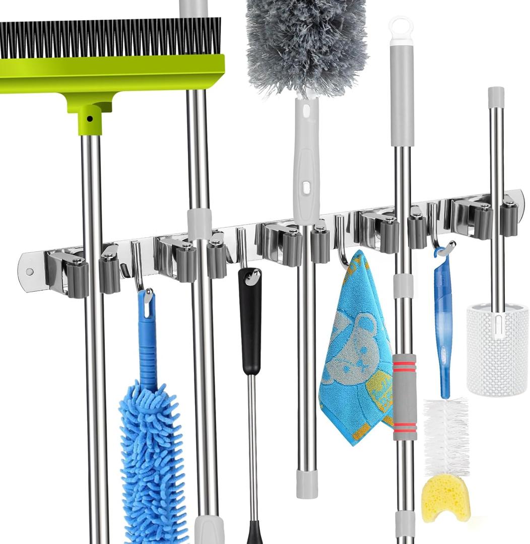 voze 5 Racks and 4 Hooks Mop and Broom Holder Wall Mount, Self Adhesive Heavy Duty Broom Hanger Organizer Storage Tool Racks for Kitchen Garden Laundry Garage (Silver)