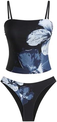 ZAFUL Women's Floral Tankini Swimsuits Bandeau Tummy Control High Cut Tankini Set Two Piece Bathing Suit, S
