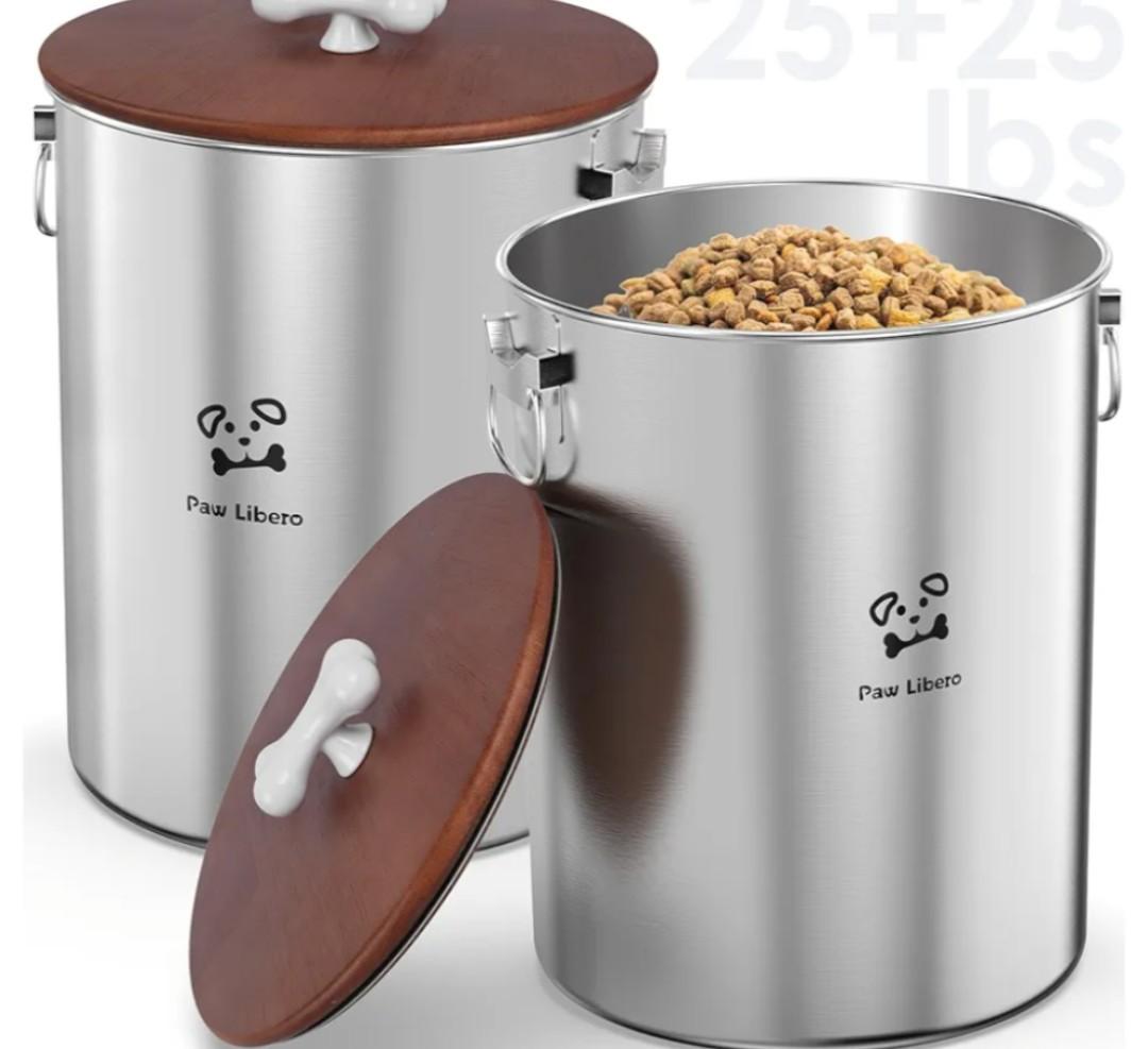 2PK 1.6L+2.5L Stainless Steel Dog Food Storage Container with Airtight Wooden Lid & Ceramic Bone Handle, Large Metal Dog Food Bin for Dogs & Cats, Keep Fresh, Easy to Clean