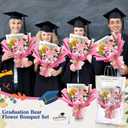 Giegxin Graduation Crochet Flowers Bouquet Set 2026 Grad Cap Plush Bear Hand Knitted Rose Tulip Daisy Sunflower Bouquet Greeting Card Gift Bag for Wedding Birthday Party Favors(Pink)