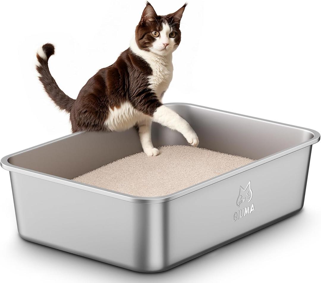 Stainless Steel Litter Box with Handle, Large Metal Cat Litter Box with High Sided for Big and Small Cats, Kitty Litter Boxes, Non-Stick, Easy to Clean, Odor-Free, Small Cat Toilet (17.5"L13.6"W5.9"H)