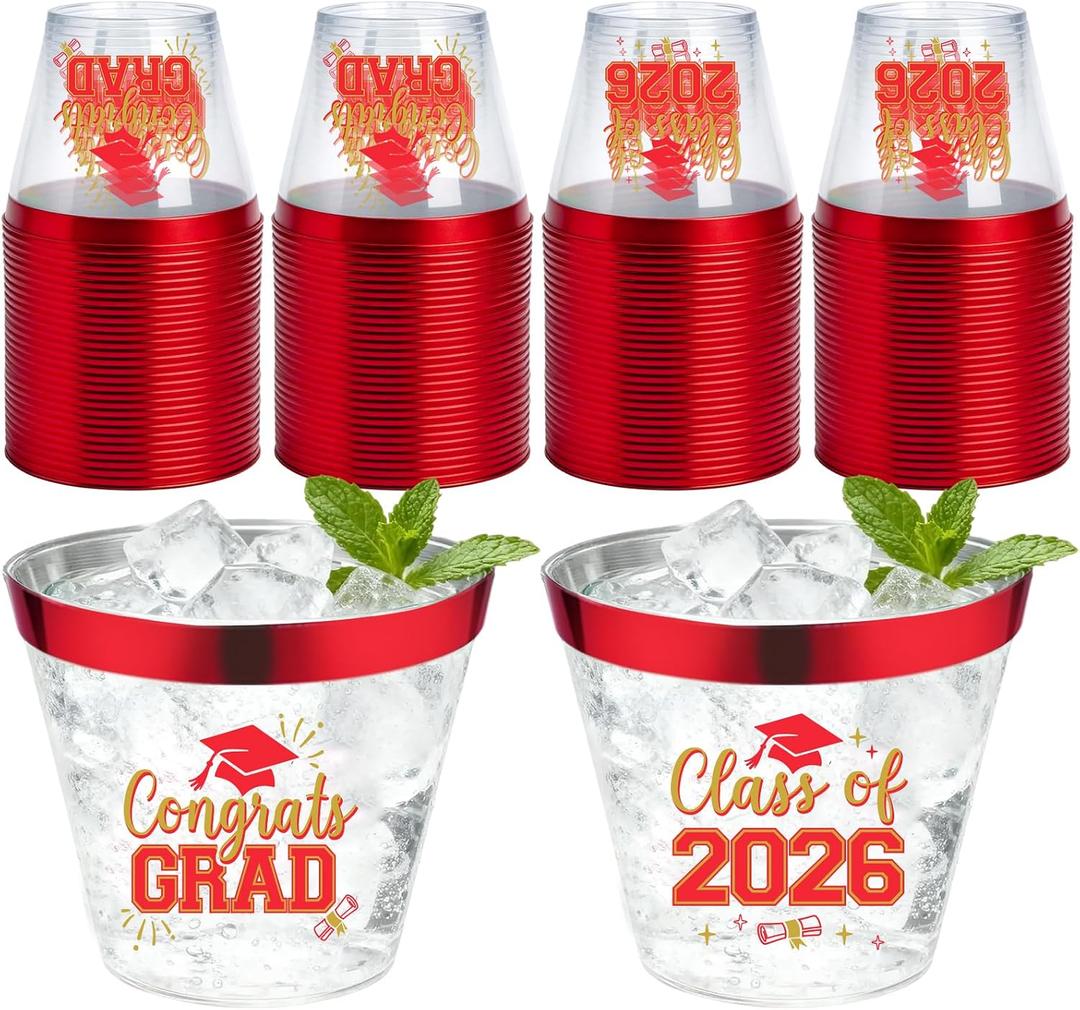 Graduation Cups 2026 Plastic Cups Disposable 9 Oz, 50 PCS Class of 2026 Decoration Cups Red and Gold Congrats Grad Party Cups, Elegant Drinkware for Grad Festivities Graduation Party Favors