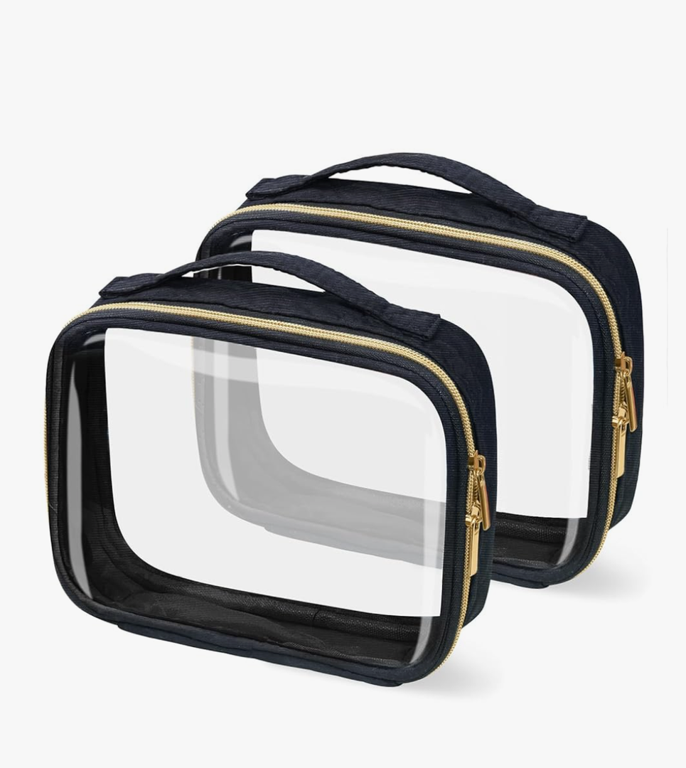 TSA Approved Travel Toiletry Bag,2 Pack Clear Makeup Bags with Handles,Quart Size Clear Cosmetic Bags for Traveling Women,Men,Carry on Airport Airline Compliant Bag,Bla