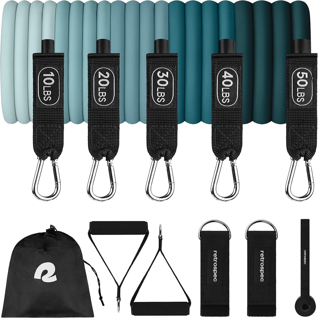 Retrospec Train Resistance Bands Set for Working Out - 5 Stackable Bands, Handles & Door Anchor - Portable Fitness Equipment for Physical Therapy & Yoga Includes Carry Bag (Undertow)