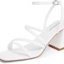 Modatope Women Heeled Sandals Strappy Heels Square Open Toe Chunky Block Heels Ankle Strap Sandals for Women Comfortable Heels Size 7 White