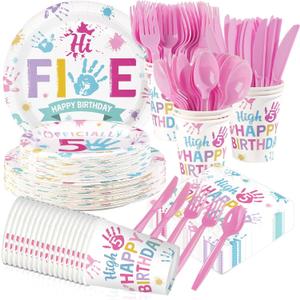 168Pcs Hi Five Birthday Party Decorations Colorful High Five Theme Plates and Napkins Cups Forks Disposable Boho 5th Tableware Sets for 5 Years Old Birthday Party Supplies Serves 24