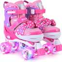 SULIFEEL Roller Skates for Girls Ages 3-12, 4 Sizes Adjustable Kids Quad Skates with Light up Wheels-Birthday Gift for Indoor Outdoor Sports (Large - Youth, Rose)
