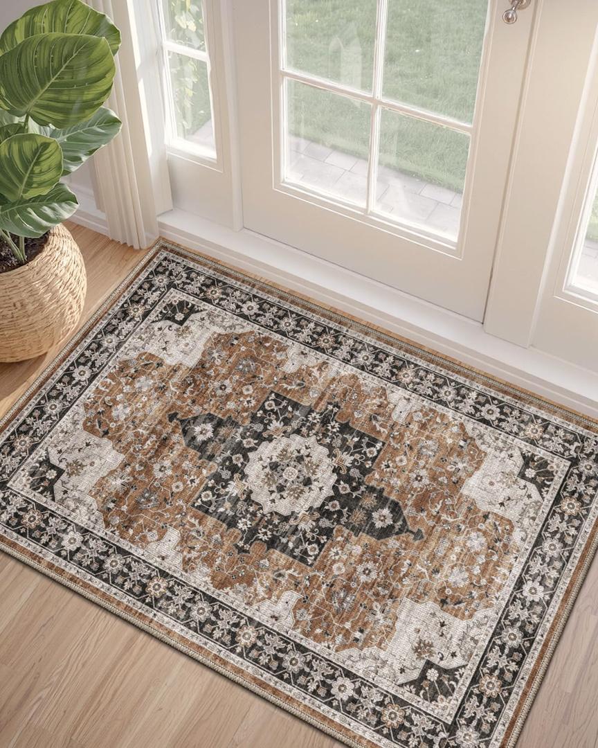 DEXI Area Rugs for Entryway 1'5"x2'6", Washable Low Pile Vintage Traditional Entry Rug Non Slip, Small Indoor Door Mat for Bedroom Kitchen Entrance Hallway, Brown