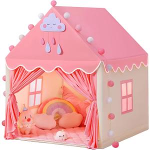 SISTICKER Kids Play Tents for Girls Large Fairy Playhouse for Kids Princess Castle Tent Gift Toys for Girl Toddler Children Play House (Pink) (Pink Tent with mat) 47x41x51Inches