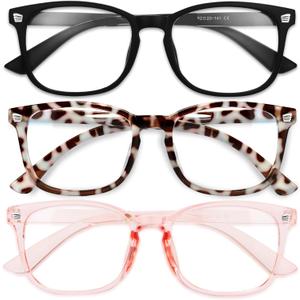 Gaoye Stylish Blue Light Glasses for Woman - Computer Glasses 99% Blue Light Blocking - Lightweight TR90 Frames - 3 pack (A7-matte Black+leopard+pink)