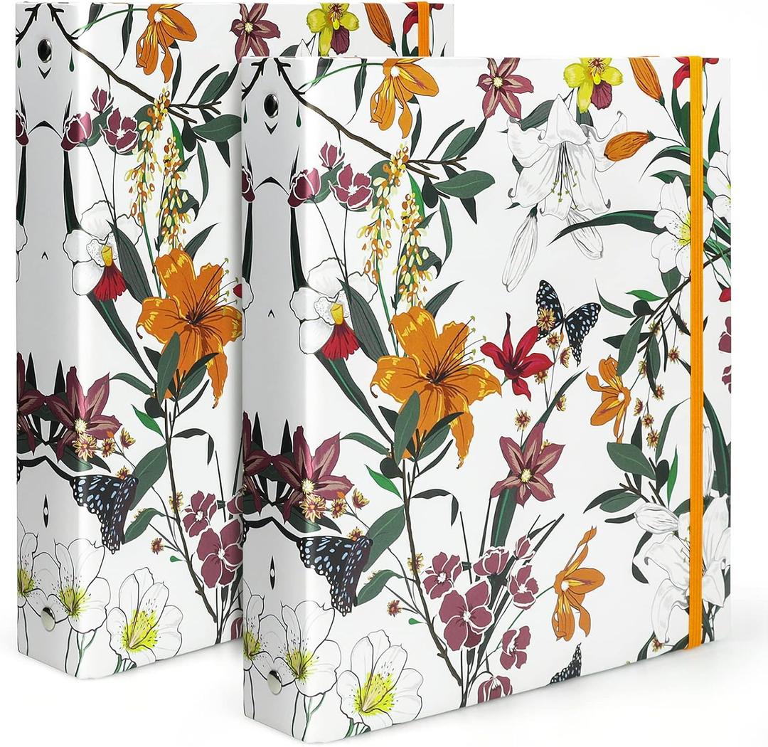 Mini Binders 5.5 x 8.5 Three Ring, 1 Inch Binder, Cute Flower Cover with Elastic Cord, School Binder, Recipe Binder, Fits Paper and Sheet Protectors, Junior Size, Bright Floral, 2 Pack