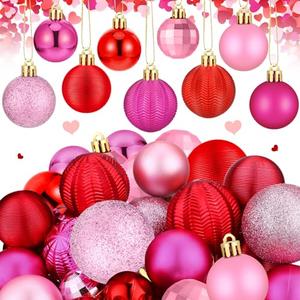 Lunmon 64 Pcs Valentine's Day Ball Ornaments Glitter Red Hot Pink Ornament 1.6/1.97/2.4 Inch Plastic Hanging Decoration Assorted Size Valentines Day Decorations for Home Tree Wreath Party Supplies